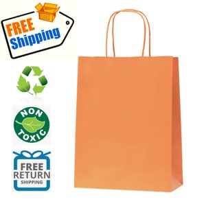 Orange Gift Bags: Bulk Pack Medium Gift Bags with Handle. Great for Halloween Gifts, Holidays Party Favor, Trick or Treat, Candies.