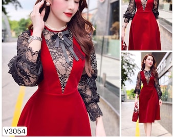Chic red velvet dress with long sleeves, Women dresses, Formal work dress for Fall/Winter season, Elegant Christmas Velvet Red Dress V3054