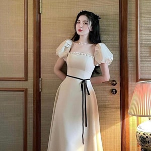 Elegant Midi White Dress With Black Bow, Formal Puff-sleeved Party Dress, Best Dress for Birthday Girl, Gift For Girlfriend/Lady.
