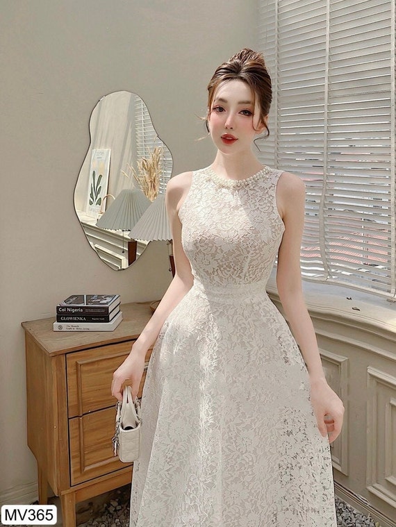 MV 365 White Dress, Floral Lace With Peal in White Dress, Bright
