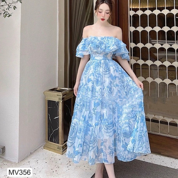 Floral Off-the-shoulder Summer Dress, Modest Blue Floral Print Midi Dress,  Prom Fairy Dress Spring Formal Wedding Guest Dress Vacation Dress - Etsy