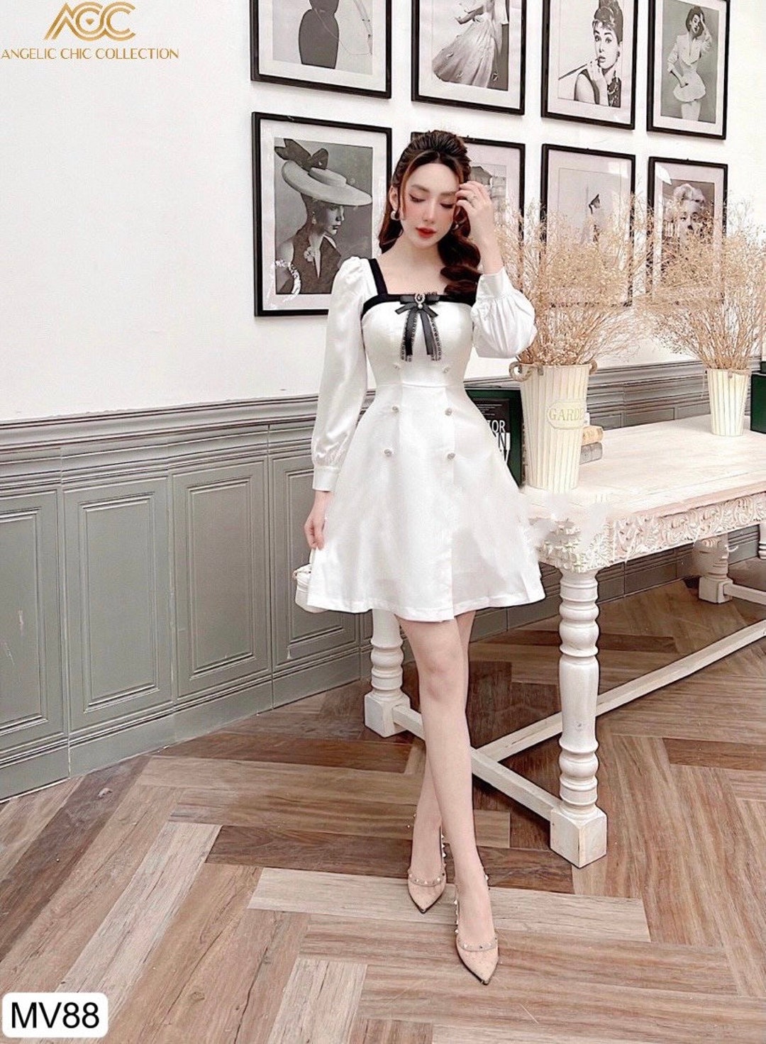 Elegant Midi White Dress With Black Bow, Formal Long-sleeved Party Dress, Best Dress For Birthday Girl, Gift For Girlfriend/Lady. Elegant Midi White Dress With Black Bow, Formal Long-sleeved Party Dress, Best Dress For Birthday Girl, Gift For Girlfriend/Lady.