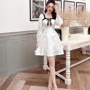 Elegant Midi White Dress With Black Bow, Formal Long-sleeved Party Dress, Best Dress for Birthday Girl, Gift For Girlfriend/Lady.