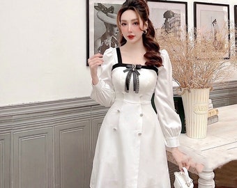 Elegant Midi White Dress With Black Bow, Formal Long-sleeved Party Dress,  Best Dress for Birthday Girl, Gift for Girlfriend/lady. - Etsy