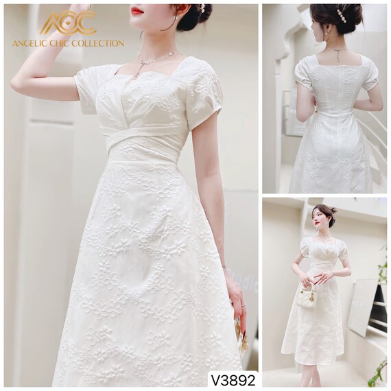 Women White Dress, Puff Sleeves Midi
