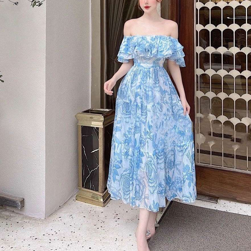 blue floral off shoulder dress ASTR the Label | Off Shoulder Ruched Floral Maxi Dress in Blue Floral main image 0