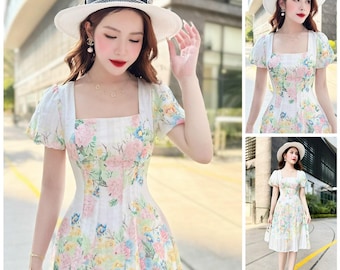 Women Gentle Look Puff Sleeves with Square Neckline Printed Colorful Floral Midi Dress, Printed Floral Dress, Midi Beach Wedding Guest Dress