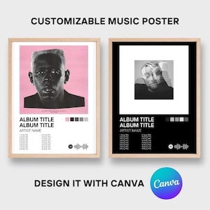 May include: Two framed music posters. One has a black and white image on a pink background, the other a black and white image on a black background. Both have fields for album title and artist name. The text "CUSTOMIZABLE MUSIC POSTER" is at the top.