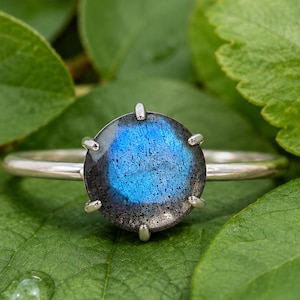 Natural Labradorite Ring – Blue Flash Emerald Cut Sterling Silver Solitaire