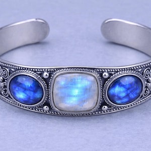 Natural Moonstone Labradorite Cuff Bracelet, German Silver Blue Flash Gemstone Jewelry