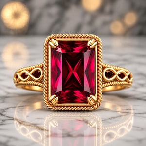 May include: A gold ring featuring a large, rectangular, faceted deep red gemstone set within a rope-textured border. The band displays an intricate openwork infinity knot pattern on both sides, connecting to the central stone setting.
