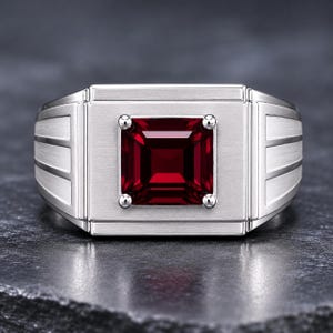 Lab Grown Ruby Square Faceted Signet Ring – German Silver Statement Band Him