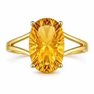 Anillo ovalado de citrino y latón – Piedra facetada de color amarillo dorado, anillo llamativo con banda dividida