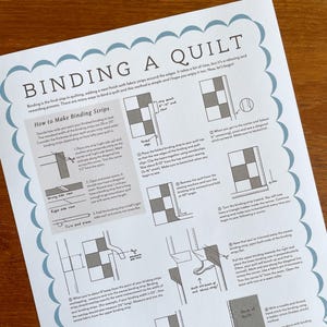 Può includere: Una guida passo passo su come rilegare una trapunta usando strisce di tessuto. La guida include illustrazioni e istruzioni su come piegare, cucire e tagliare le strisce di rilegatura. Il testo include la frase "Binding a Quilt Designed and Written by Earnest Quilt".