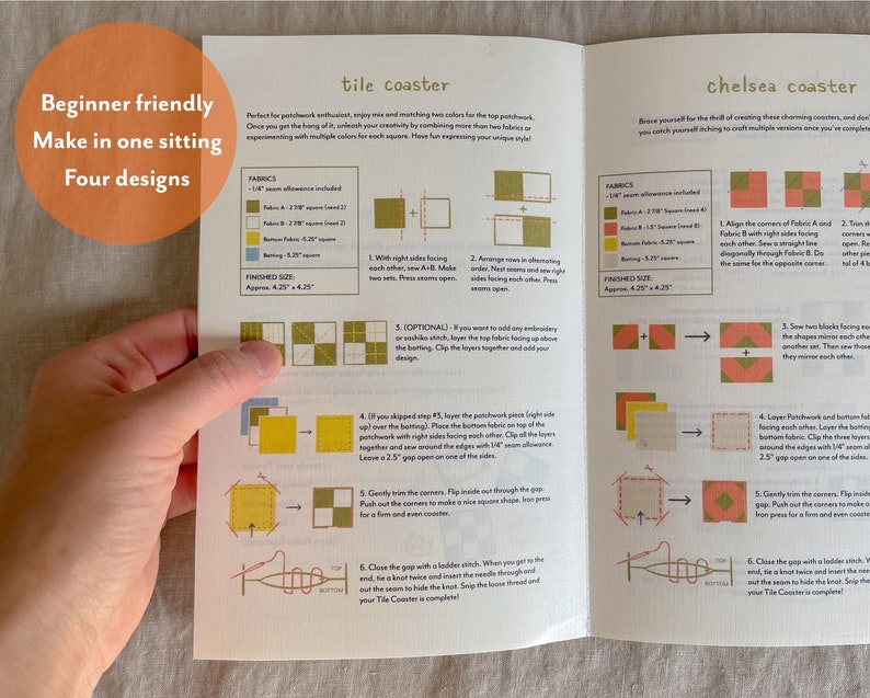 4 Design Coasters PDF Pattern, Quilt Pattern, DIY Tutorial, Printable Zine, Digital Pattern by Earnest Quilt image 4