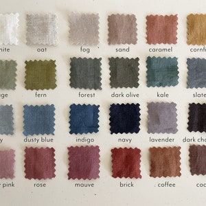 May include: Swatch card of 18 fabric samples in various colors, including white, oat, fog, sand, caramel, cornfield, sage, fern, forest, dark olive, kale, slate, sky, dusty blue, indigo, navy, lavender, dark chocolate, dusty pink, rose, mauve, brick, coffee, and cocoa.