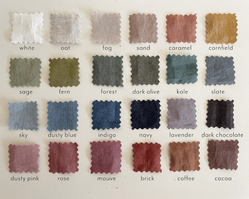 May include: Swatch card of 18 fabric samples in various colors, including white, oat, fog, sand, caramel, cornfield, sage, fern, forest, dark olive, kale, slate, sky, dusty blue, indigo, navy, lavender, dark chocolate, dusty pink, rose, mauve, brick, coffee, and cocoa.