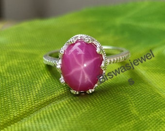 pink lindy Star Sapphire Ring, pink star sapphire, star gemstone, pink lindy star, 925 Sterling Silver, antique style star sapphire ring