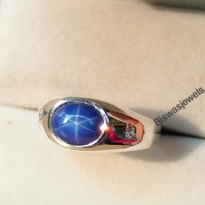 Vintage Style Silver Ring For Men, Solid 925 Sterling Silver, Statement Ring, Lab Made Stone, 6 Rays Star Sapphire, Wedding Gift For Him