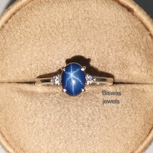 Blue Lindy Star Sapphire Ring, 925 Sterling Silver, Lab Blue Star Sapphire, 6 Rays Lindy Star, Statement Ring, Handmade Ring, Gift For Her