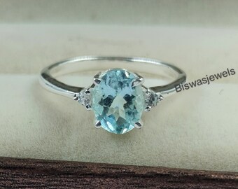 14k Gold Aquamarine Ring, Oval March Birthstone, Handmade
