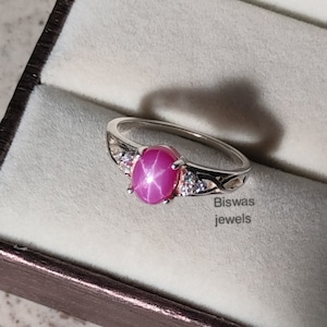 Lindy Star Pink Sapphire Ring, Vintage Star Sapphire, 925 Sterling Silver, Lab Gemstone, 6 Rays Pink Star Sapphire, Gift For Her