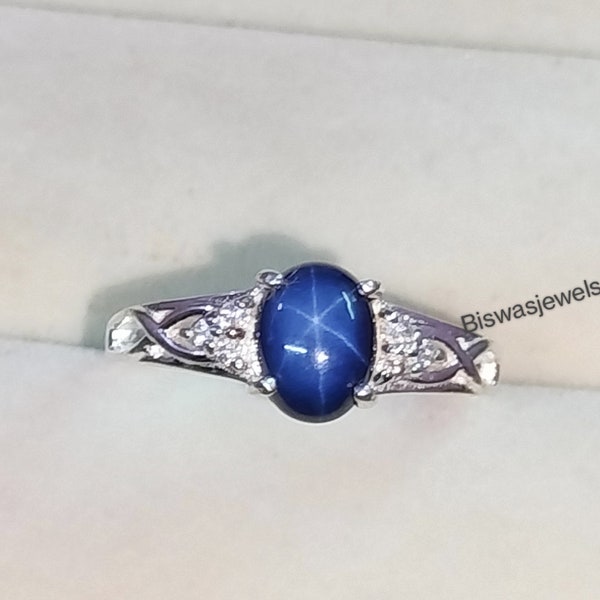Blue Star Sapphire Ring, Lindy Star Sapphire Ring, 925 Sterling Silver, Lab Blue Sapphire, Star Gemstone, Handmade Ring, Gift For Her