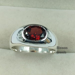 Natural Garnet Rings For Men, Solid 925 Sterling Silver, Handmade Ring, January Birthstone Ring, Gent&#39;s Silver Ring, Promise Gift For Him