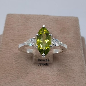 Genuine Marquise Cut Green Peridot Ring, Handmade 925 Sterling Silver Jewelry, August Birthstone, Elegant Peridot Pear CZ Ring, Promise Ring