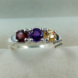 Natural Multi-Gemstone Silver Ring, Handmade Birthstone Ring, Garnet Amethyst Citrine Ring, 925 Sterling Silver, Anniversary Gift For Wife