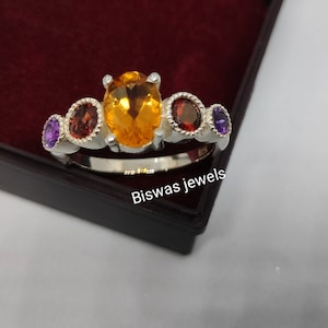 Handmade Multi Gemstone Silver Ring, 925 Sterling Silver, Oval Citrine, Round Garnet, and Amethyst, Birthstone Ring, Engagement Ring For Her