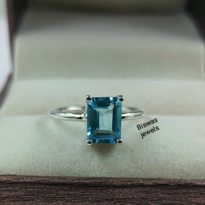 Natural Emerald Cut Blue Topaz Ring, Handmade Silver Ring, Art Deco Ring, December Birthstone, 925 Sterling Silver, Promise Ring For Her