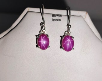 Pink Star Sapphire Earring, 925 Sterling Silver, Pink Lindy Star