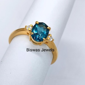 Genuine London Blue Topaz Ring, Handmade 925 Sterling Silver/14k Yellow Gold & White Gold Ring, December Birthstone, Nice London Topaz Ring