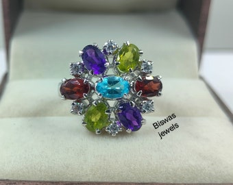 Multi Gemstone Silver CZ Ring, 925 Sterling Silver, Topaz Peridot Garnet Amethyst Flower Ring, Birthstone Engagement Ring, Handmade Jewelry