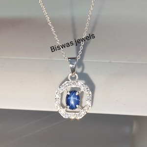 Vintage Blue Lindy Star Sapphire Pendant, 925 Sterling Silver, Lab 6 Rays Star Stone, Silver Sapphire Necklace, Anniversary Gift For Wife