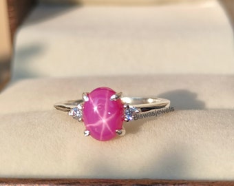 Pink star sapphire ring, Pink lindy star, 925 sterling silver, Silver ring, Birthstone ring, Engagement ring, Gift for her