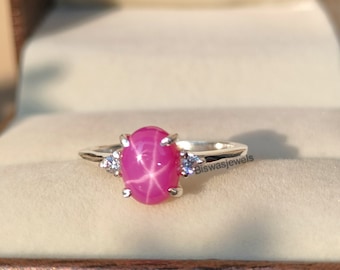 Pink star sapphire ring, Pink lindy star, 925 sterling silver, Silver ring, Birthstone ring, Engagement ring, Gift for her