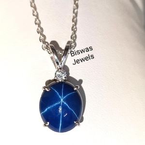 Blue Lindy Star Sapphire Pendant, Silver Jewelry, Lab 6 Rays Star Stone, 925 Sterling Silver, Handmade Blue Star Sapphire Silver CZ Necklace