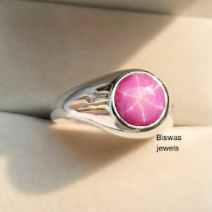 Vintage Pink Sapphire Ring, Round Pink Lindy Star Ring, Solid 925 Sterling Silver, Sapphire Men&#39;s Ring, Lab Gemstone, Gift For Him