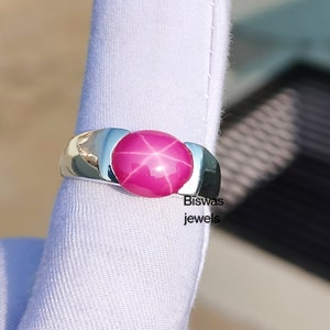 Vintage Pink Lindy Star Men&#39;s Ring, Oval Cut Pink Sapphire, Solid 925 Sterling Silver, Handmade Solid Ring, Star Sapphire Ring For Him