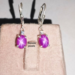 Vintage Pink Star Sapphire Earrings, Handmade Earring, Lever Back Hoop Earrings, 925 Sterling Silver, Lab Gemstone, Anniversary Gift For Her