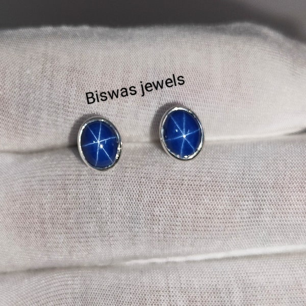 Vintage Blue Star Sapphire Stud Earrings, 925 Sterling Silver, Handmade Studs, Lab Stone, Sapphire Bezel Set Earrings, Birthday Gift For Her