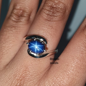 Oval Cut Stylish Blue Star Sapphire Ring, 925 Sterling Silver, 6 Rays Blue Lindy Star Ring, Handmade Lab Gemstone Ring, Promise Ring