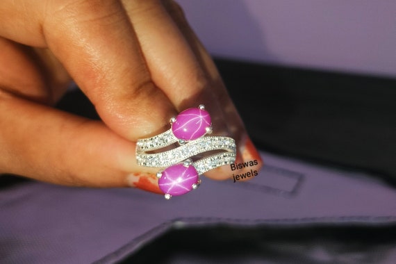 Pink Star Sapphire Beautiful CZ Ring for Women, Handmade Silver