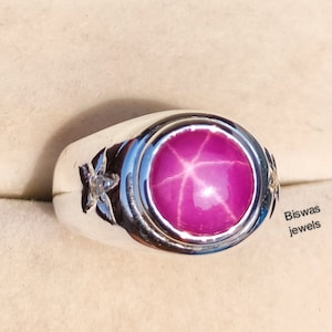 Round Cut Star Pink Sapphire Ring For Men, Solid 925 Sterling Silver, Handmade Star Sapphire Ring, Lab 6 Rays Star Gemstone, Gift For Him