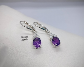 Amethyst CZ Tropfen Ohrringe, 925 Sterling Silber, Februar Geburtsstein
