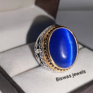 Blue Cats Eye Silver Men&#39;s Ring, Antique Gold Platted Ring, Solid 925 Sterling Silver, Lab Stone, Avant Garde Style Ring, Gift Ring For Him