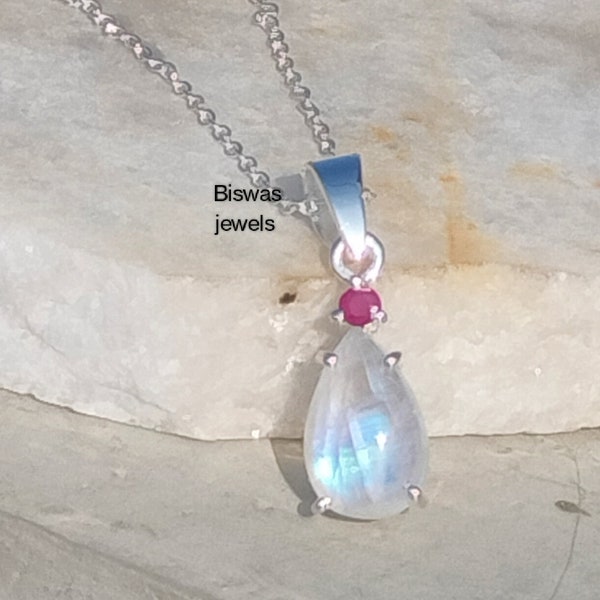 Natural Rainbow Moonstone Red Ruby Pendant, 925 Sterling Silver Necklace, June Birthstone Pendant, Handmade Pendant, Birthday Gift For Her