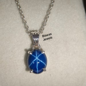 Blue Lindy Star Sapphire Silver Necklace, 925 Sterling Silver, Lab Made Stone Jewelry, Handmade Star Gemstone Pendant, Birthday Gift For Her